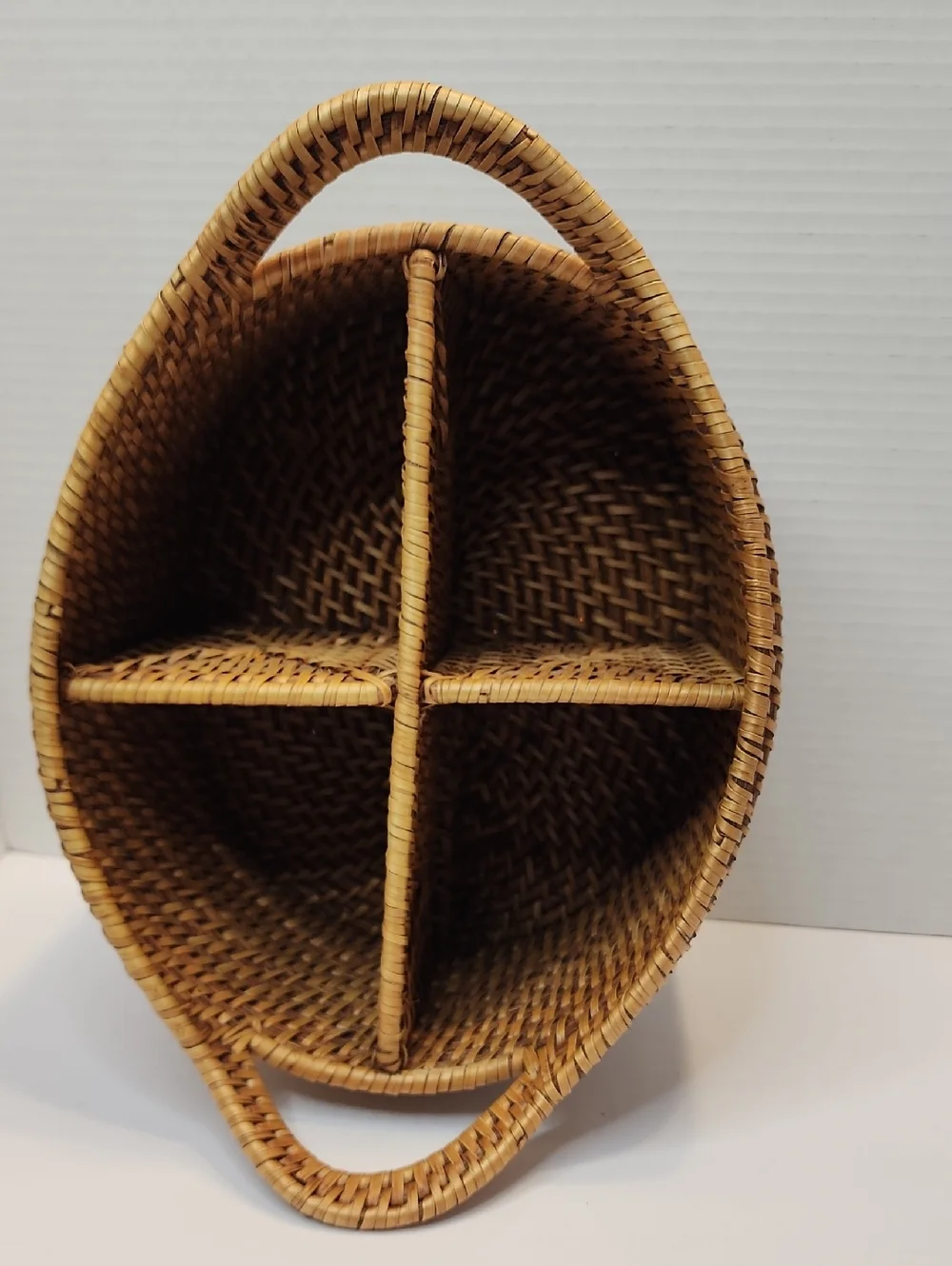 Woven Rattan 4-Compartment Organizer Basket Brown Sturdy Floral Kitchen Use